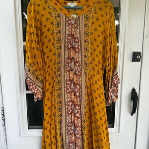 Boho Mustard Yellow Printed Midi Dress